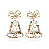 Pendientes de cascabel con diamantes de imitación y colores delicados, aretes de diamantes de imitación vintage, tono dorado, aretes colgantes ligeros, aretes de gota de Navidad, vacaciones, fiesta