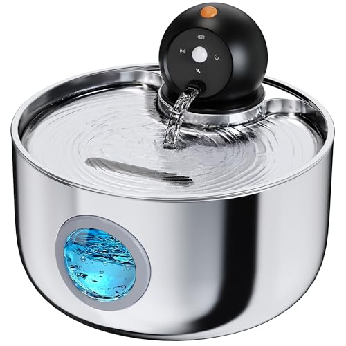 Katzenbrunnen Kabellos mit Bewegungsmelder Batteriebetrieb: Trinkbrunnen für Katze Edelstahl - 2.6L Katzen Trinkbrunnen mit Sensor -...