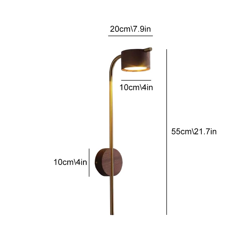 Lampada da Parete in Legno Nordico, Applique da Parete con palo Lungo in Ottone Dorato, Applique da Parete Vintage in Noce cablate, Lampada da Lettura a Parete per Comodino, Camera da Letto, sogg
