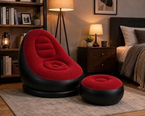 Image of Inflatable Air Sofa Chair with Ottoman & Automatic Electric Pump, Portable Flocked Blow Up Lounge Chair for Living Room, Bedroom, Camping & Outdoor Use (Red)