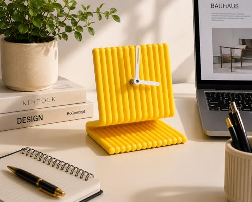 Image of CORAL TREE Modern Bent Chair Style Table Clock | Premium Decorative Desk Clock | Silent Analog Table Clock | Contemporary Home & Office Decor | Yellow
