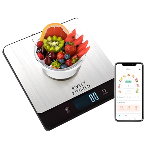 SWEET KITCHEN Smart Food Scale for Kitchen,Digital Food Scale with Nutritional Calculator, 24 Nutrients Tracking for Weight Loss, Connect to Smartphone App Android and iOS, Stainless Steel 11lb max