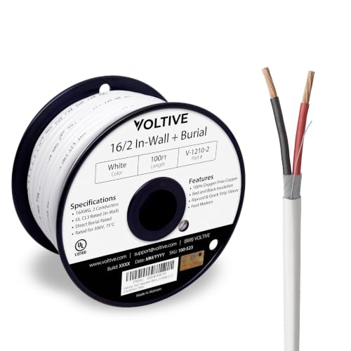 Voltive 16/2 Speaker Wire in-Wall CL3 & Direct Burial White 100ft - 16AWG 2 Conductors Stranded Oxygen-Free Copper UL Listed - V-1210-2