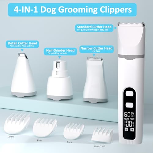 Dog Clippers for Grooming, 4 in 1 Dogs Paw Trimmer Pet Grooming Kit, Low Noise Dog Shavers with Nail Grinder Quiet, Rechargeable Cordless Electric Pets Clippers, 2-Speed Pet Hair Trimmer for Dogs Cat - Image 3
