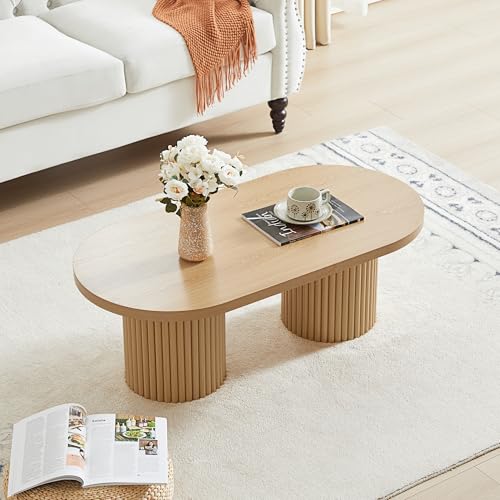 Image of Fluted Oval Coffee Table for Living Room, Boho Modern Coffee Table,Natural | Mid Century Modern Coffee Table with Fluted Legs, Wooden Center Table for Home Office Cafe, Vintage, 39.38 inch x 19.69 inch x 13.78 inch