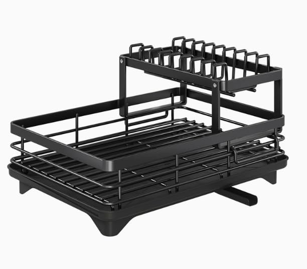 Escurridor de platos de 2 niveles de gran capacidad, multifuncional, a prueba de óxido, para encimera de cocina con boquilla a prueba de fugas, estante para tabla de cortar, soporte grande para