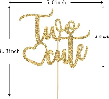 Image of Two Cute Cake Topper | 2nd Birthday Party Gold Glitter Cake-Decor | Second Birthday Photo Props | Party Decoration Supplies | Smash Cake Decoration | Heart Shape Two Cute Cake-Topper
