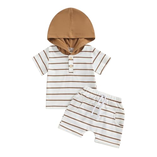 Image of FOCUSNORM Toddler Baby Boy Summer Clothes Baseball Short Sleeve Hooded T-Shirt Elastic Waist Shorts Newborn Infant Boy Outfit