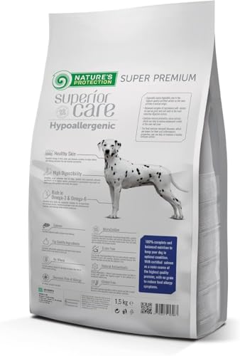 Nature’s Protection Superior Care Trockenfutter für Hunde - Hypoallergenes Hundefutter Trocken Getreidefrei mit Lachs für empfindliche Erwachsene Hunde - Omega 3 & 6 - Haut, Fell & Verdauung (1.5kg)