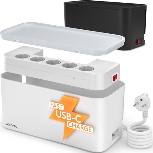 Cache multiprise - avec multiprise intégré, USB-C, USB-A, 5 x Prises - Boite Cache Cable, Boîte de Rangement pour Câbles - ACROPAQ, Blanc