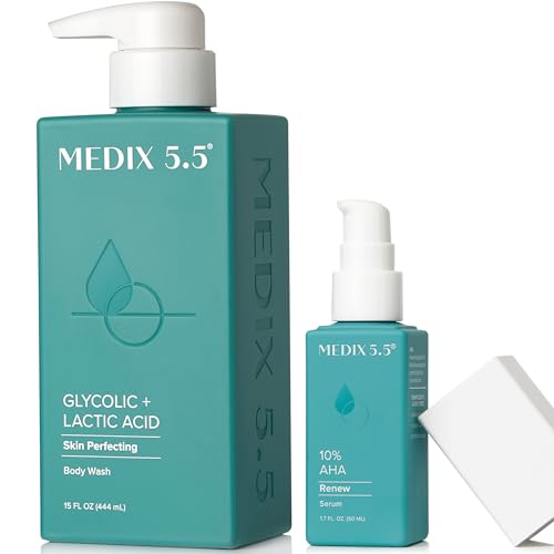 Image of MEDIX Glycolic Acid Exfoliating Body Wash KP Bump Eraser Cleanser + 10% Glycolic Acid Serum 2PC Skin Care Set | AHA Exfoliant Body Wash + Serum Refine & Soften Dead Dry Skin, Bumps, & Wrinkles, 2PC