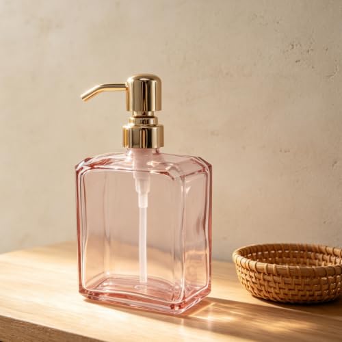 Image of Soap Dispenser Pink Glass Rectangular, Polished Rose Gold Pump | 13.5 oz, Rust Proof Stainless Steel Pump, Refillable, Hand Soap, Liquild Soap, Dish Soap, Bathroom, Kitchen