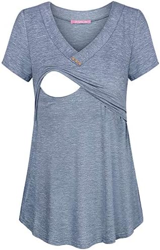 Joymom Nursing Tshirt,Misses Aesthetic V Neck Short Sleeve Flowing Breastfeeding Shirts Maternity Snug Stretch Slim Fit Tunics Tops for Leggings Loungwear Blue S