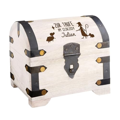 Casa Vivente Weiße Schatztruhe mit Gravur zur Taufe, Hirte Motiv mit Name und Datum, Personalisierte Schatzkiste, Deko Holztruhe, Taufe Geschenk, Geschenke zur Taufe, Taufgeschenke, Geldgeschenk