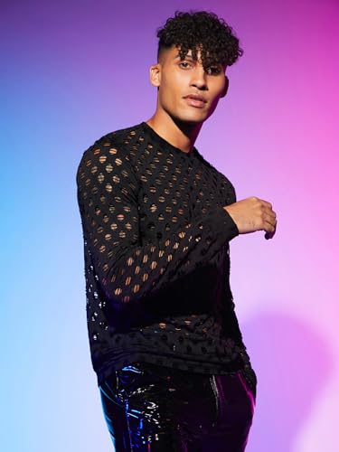 WDIRARA Men's Fishnet Knit Pullover Top Hollow Out Round Neck Long Sleeve Concert Tops4