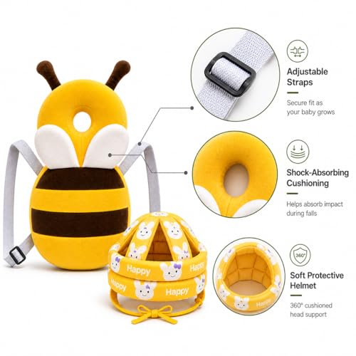 Image of GLUN Baby Back Protector with Head Protective Hat Combo Set, Cute Honey Bee Shape Soft Cushioning, Adjustable Shoulder Belt, Head Protection Gear for 6-18 Month Toddler Kids