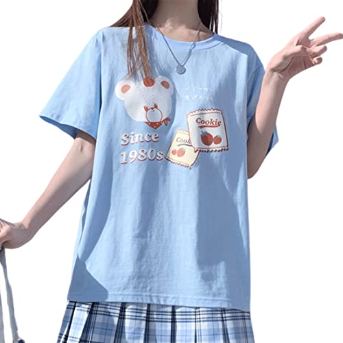 Image of Japanese Harajuku Style Kawaii Pastel Goth Fashion Crewneck Cartoon Little Bear with Cookies Print T-Shirt XL Blue