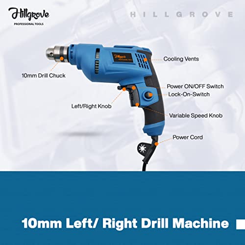 Image of Hillgrove HGPD2M6 500W Power Drill Machine with 5 Drill Bits for Making Holes in Metal /Wood /Concrete with Reverse Rotation and Variable Speed Pistol Grip Drill (10 mm Chuck Size)