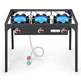 COOKAMP High Pressure Triple Propane Burner Outdoor Propane Camping Stove with 0-20 PSI Adjustable High Pressuer Regulator and Steel Braided Hose...