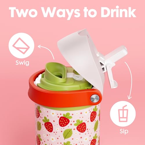 Image of 18 oz Insulated Water Bottle for Kids: Meoky Stainless Steel Water Bottle with 2-in-1 Straw and Spout Lid - Leak Proof, Cold for 24 Hours, BPA-Free for Girls School Sports, Strawberry Garden