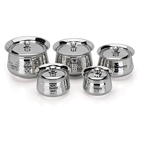Sumeet Stainless Steel Handcrafted Hammered Texture Handi Set with Lid for Kitchen, Set of 5, 460ml, 650ml, 950ml, 1300ml & 1700ml, Silver Cover