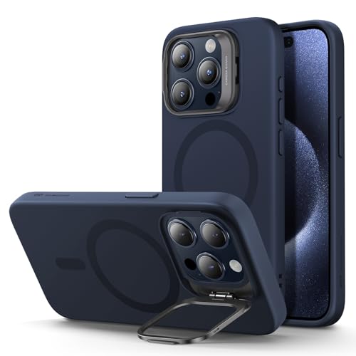 Image of ESR for iPhone 15 Pro Case, MagSafe Silicone Case with Stand, Military-Grade Protection, Built-in Camera Stash Stand, Magnetic Phone Case for iPhone 15 Pro, Cloud Series,Dark Blue