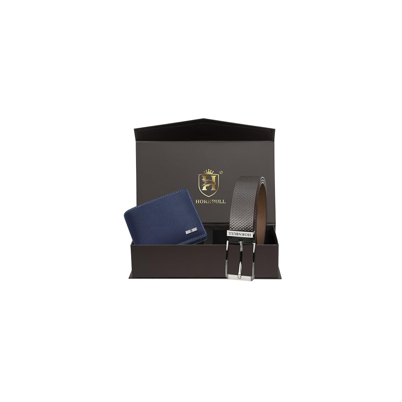 HORNBULL Men's Leather Bi-Fold Wallet and Belt Combo Set (Navy Blue, Brown, BW69119)