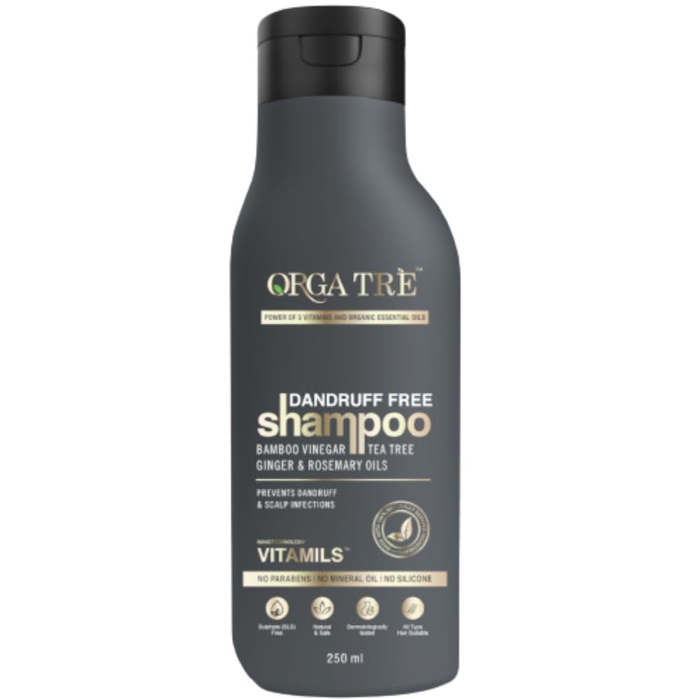 ORGATRE Dandruff-Free Shampoo - 250ml | Tea Tree, Ginger & Rosemary Oil | Soothes Scalp & Reduces Dandruff | No Dryness | For All Hair Types | Anti-Dandruff Shampoo for Men & Women