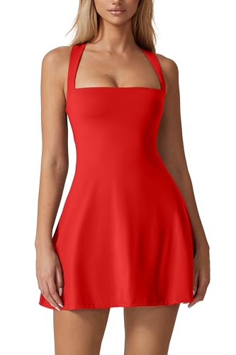 Image of QINSEN Womens Square Neck Tennis Dress Sleeveless Built in Shorts Golf Athletic Dress with Pockets