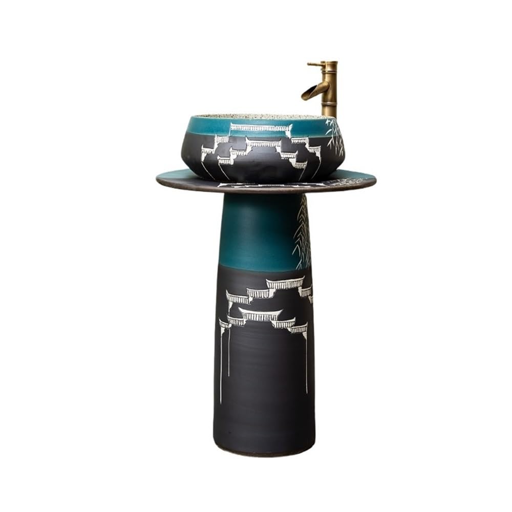 Free-Standing Home Pedestal Sink Bathroom Ceramic Washbasin with Faucet and Drain Kit Lavatory Column