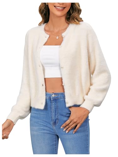 Verdusa Women's Fuzzy Cardigan Sweaters Furry Long Sleeve Trendy Tops Pearl Up Shirts