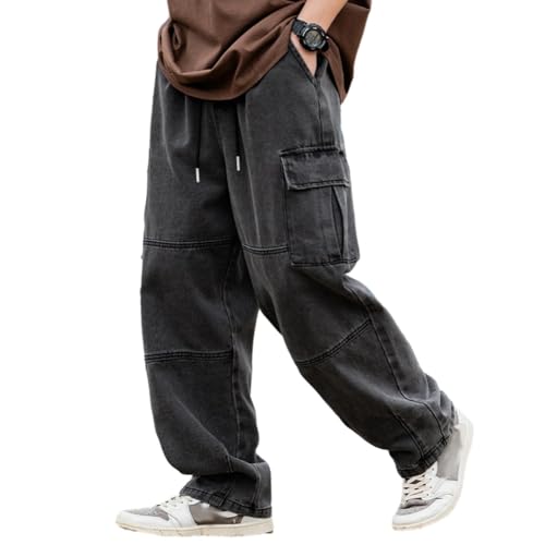 Men's Casual Loose Elastic Waist Cargo Jeans Hip Hop Denim Pants