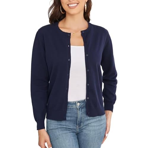 Women's Crew Neck Button Down Long Sleeve Cardigan for Women Classic Soft Knit Ladies Cardigan Sweater Coat XX-Large Navy