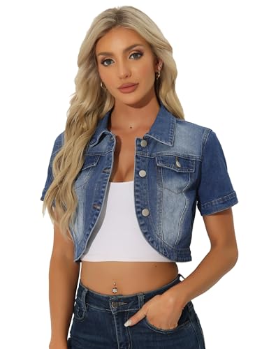 Allegra K Casual Denim Jacket for Women's Turndown Collar Short Sleeves Crop Jean Jackets