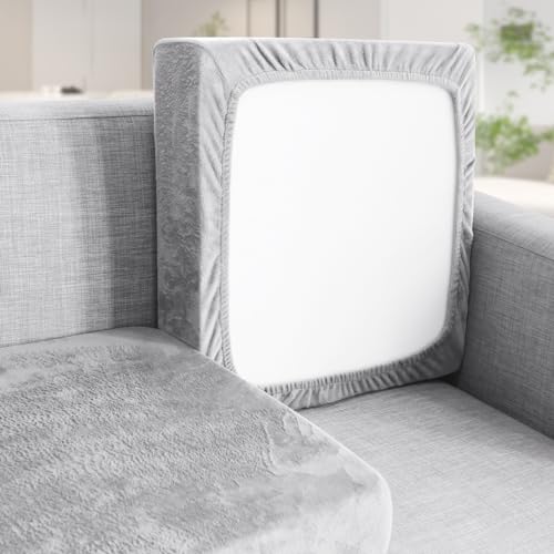 Teynewer Sofa Seat Cushion Cover, Sofa Cushion Slipcovers Stretch Velvet, Universal Non-Slip Couch Cushion Covers Replacement for Individual Cushion with Elastic Bottom (2 Seater, Light Grey)
