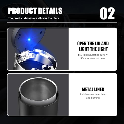 Image of Tesnaao 1 PC Car Ashtray, 3.93 inch x 2.75 inch x 1.88 inch Large Center Console Opening Designed Flame Retardant Stainless Steel Liner Trash Can with Cap, Detachable Neat Accessories, for Cars (Black & Silver)