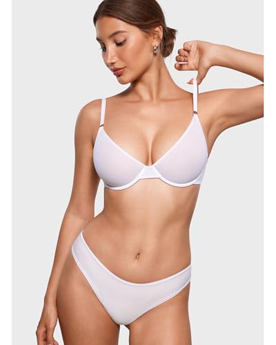 Image of INLYRIC Women's Cosnufy Sheer Balconette Bra Demi Unlined Plunge Mesh See Through Sexy Bras Underwire