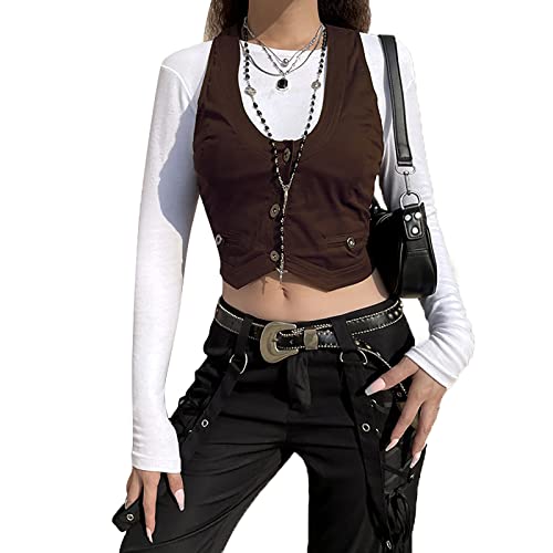 Multitrust Women Casual Dressy Vest Tops Versatile Racerback Button Waistcoat Retro Goth Tuxedo Suit Waistcoats V Neck Croset2