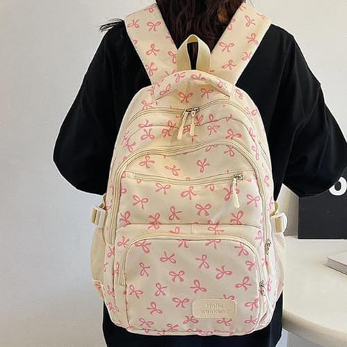 Bow Backpack for Girls, 3Pcs Set Backpack For Girls, Nylon Bow Pattern, Cute Kawaii Backpacks Set Large Capacity (Pink)2