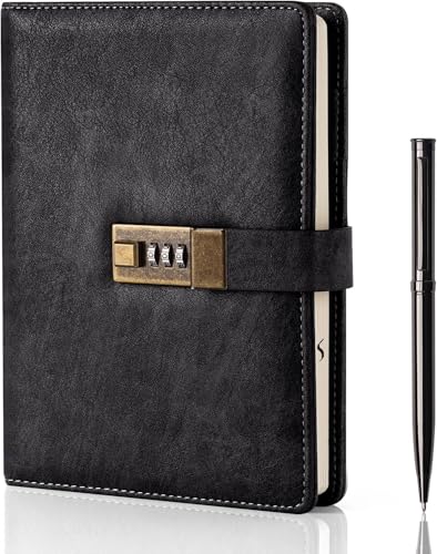 Image of Diary with Lock A5 PU Leather 240 Pages, Vintage Lock Journal with Pen & Gift Box, Lockable Diary for Women and Men, 8.6 x 5.8 Inches (Black)