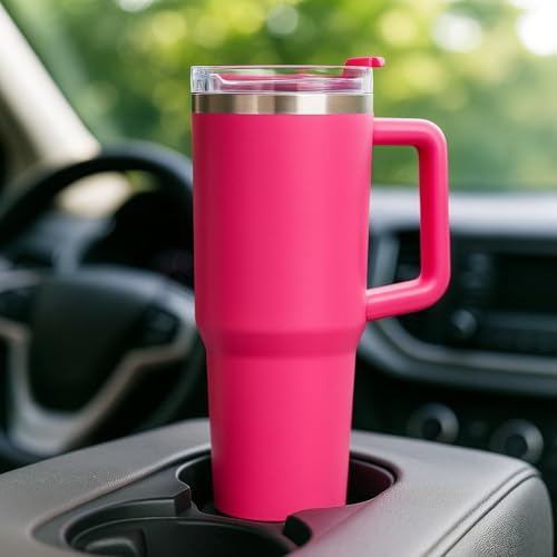 Image of Double Wall Insulated Stainless Steel Tumbler with Handle 1200ml | Travel Mug with Steel Straw| Hot & Cold Beverage Flask | Easy Carry Home, Office, Gym (Hot Pink)