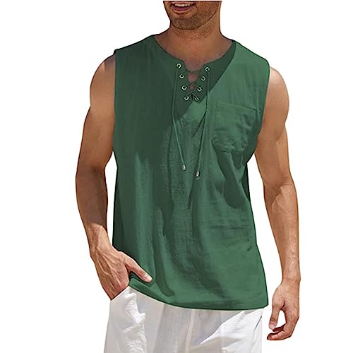 Men's Tank top Shirt Laced Cotton Linen Short-Sleeved T-Shirt Undershirt