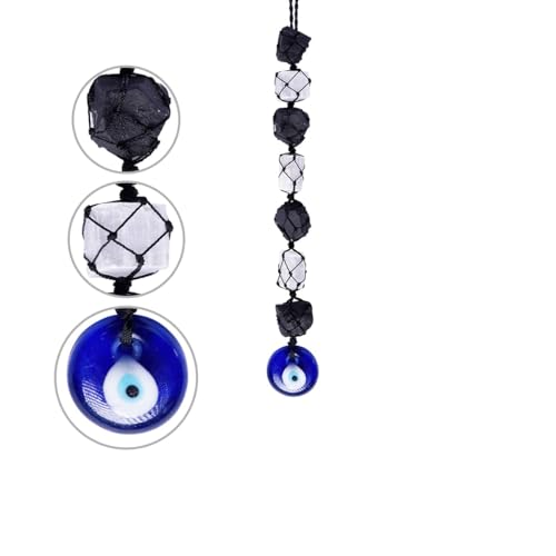 Image of Selenite and Black Tourmaline Evil Eye Hanging for Car Dashboard Decoration | Nazar battu for Home Entrance | Aesthetic Home Decor for Positive Energy & Protection