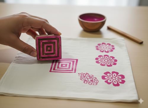 Image of RENIQ Wooden Printing Block for Fabric & DIY Craft | Handcrafted Indian Design Stamp for Textile, Pottery, Mehndi & Home Decor (Multicolor10)
