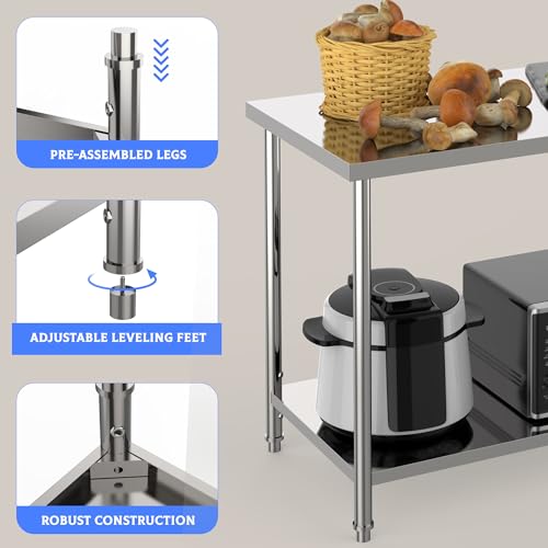 Stainless Steel Table, 48" x 24" Prep Workstation, 1000 LBS, NSF Commercial Work Table with Adjustable Undershelf and Galvanized Legs, for Restaurant, Home, Kitchen, Hotel, Outdoor