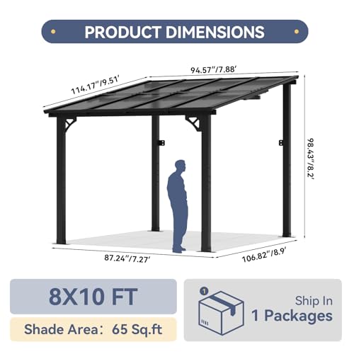 Image of 10x8 FT Lean to Gazebo Pergola, Outdoor Wall Mounted Gazebos with Polycarbonate Roof, Large Hardtop Metal Heavy Duty Awnings, Patio Canopy for Backyard, Deck, Porch (Black)
