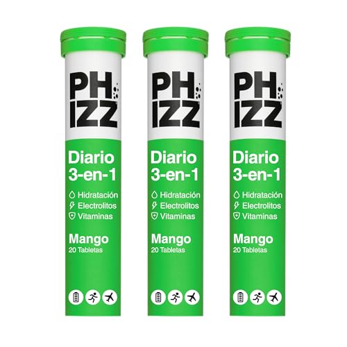 Phizz Electrolitos, Multivitaminas e Hidratación Efervescente Comprimidos   18 Vitaminas y Minerales, Vitamina C, Añade a tu Botella de Agua y Bajo en Calorías (60 Pastilla, Mango)