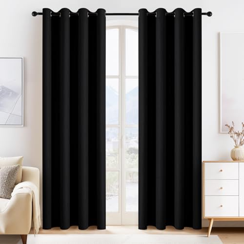 Image of PONY DANCE Black Blackout Curtains for Bedroom 84 Inch Length 2 Panels Set, Privacy Thermal Insulated Room Darkening Grommet Drapes for Living Room Window, W34 x L84 Inch