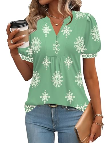 Image of IECCP Womens Tops Puff Short Sleeve Shirts Dressy Casual Henley V-Neck Summer Tops Pleated T-Shirts Loose Fit Tunic Blouses