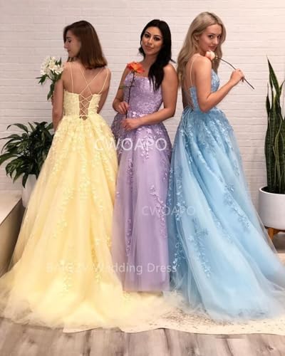 CWOAPO Spaghetti Straps Long Prom Dresses 2025 Ball Gown Lace Appliques Tulle Prom Dress with Pockets Wedding Gowns for Women3